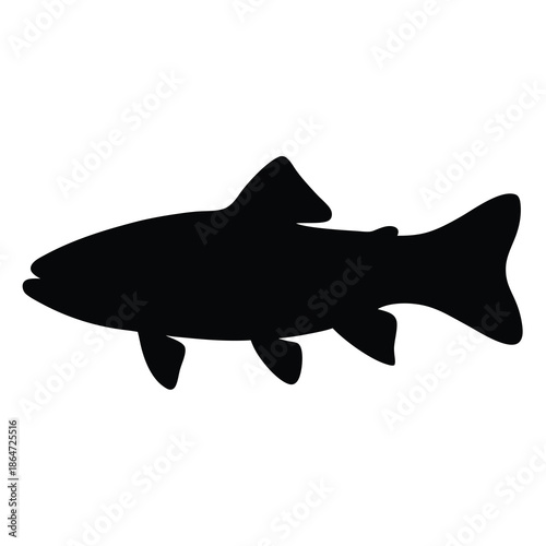 Black silhouette of a fish swimming against a white isolated background