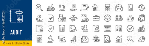 Audit web icon in line style. Assessment, calculator, check mark, auditing, inspection, investment, calculation, analytics, collection. Editable stroke. Vector illustration.