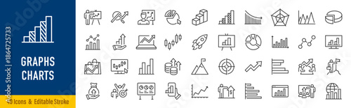 Graph and Charts web icons in line style. Graphics, infographic, statistics, data, diagrams, economy reduction, finance, arrow, business, increase, decrease. Editable stroke. Vector illustration.