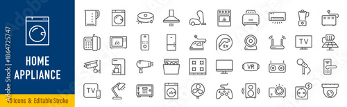 Home Appliances web icons in line style. Household appliance, vacuum cleaner, refrigerator, TV, cooking, entertainment, conditioning, dishwasher, collection. Editable stroke. Vector illustration.