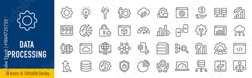 Data Processing web icons in line style. Analytics, gear, network, statistic, filter, diagrams, technology. Icon collection. Editable stroke. Vector illustration.