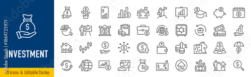 Investment web icons in line style. Business, profit, risk management, finance, economic, money, collection. Editable stroke. Vector illustration.