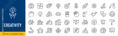 Creativity web icons in line style. Creativity, Finding solution, Brainstorming, technology, teamwork, Inspiration, Creative thinking, Brain. Editable stroke. Vector illustration.