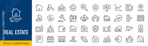 Real Estate web icons in line style. Rent, building, agent, house, auction, property, mortgage, home, realtor, collection. Editable stroke. Vector illustration.