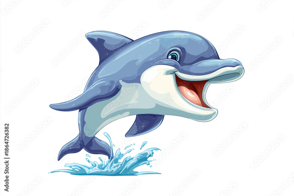 Obraz premium Happy Cartoon Dolphin Character Jumping Isolated on White Background