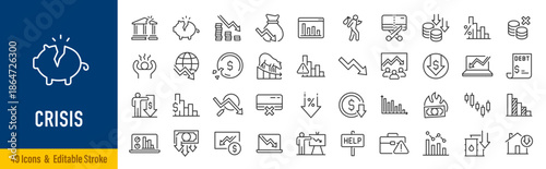 Crisis web icon set in line style. Decrease, recession, collapse, layoff, panic, job fired, pay cuts, low cost, collection. Editable stroke. Vector illustration.