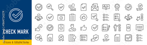 Checkmark and Approved web icon set in line style. Checklist, accepted, stamp, accept, agree, quality control, collection. Editable stroke. Vector illustration.