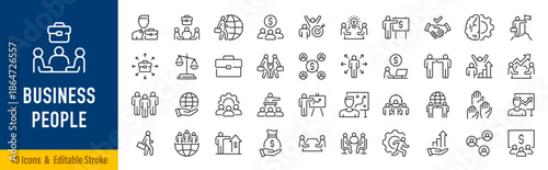 Business People icon in line style. Team, business people, human resources, collaboration, research, meeting, partnership, support, businessman. Collection. Editable stroke. Vector illustration.