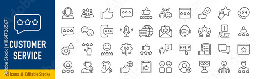 Customer service web icon set in line style. Support, help, online, feedback, assistance, collection. Editable stroke. Vector illustration.