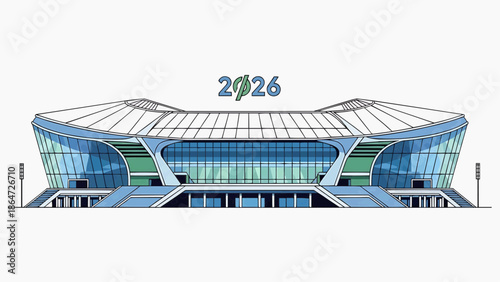 Modern Soccer Stadium Architecture with 2026 Championship Logo Illustration