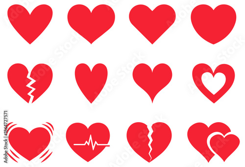 Red heart icons collection showing love, broken heart, pulse and romance symbols. Flat design.