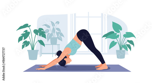 Young woman practicing downward facing dog yoga pose on a purple mat in a peaceful indoor room filled with green potted plants.