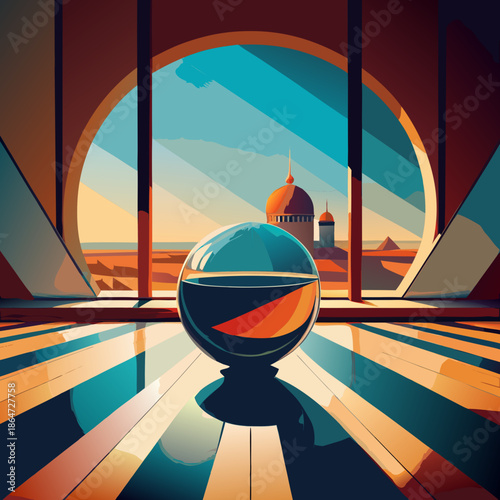 Kaca bundar di lantai kayu dengan bayangan menara kubah
