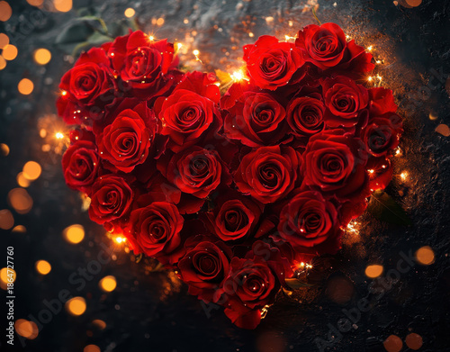 Red rose heart rose bouquet heart shape red flower romantic arrangement bokeh lights fairy lights dark background Valentine love
