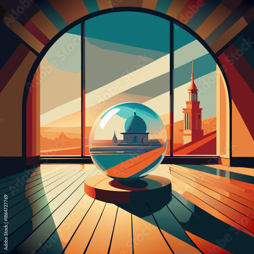 Kaca bundar di lantai kayu dengan bayangan menara kubah
