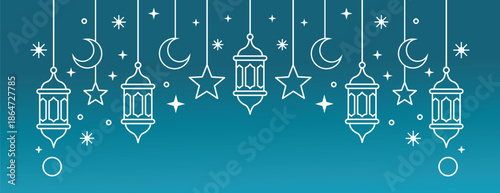 Elegant Ramadan Lantern and Star Decorations on Gradient Blue Background