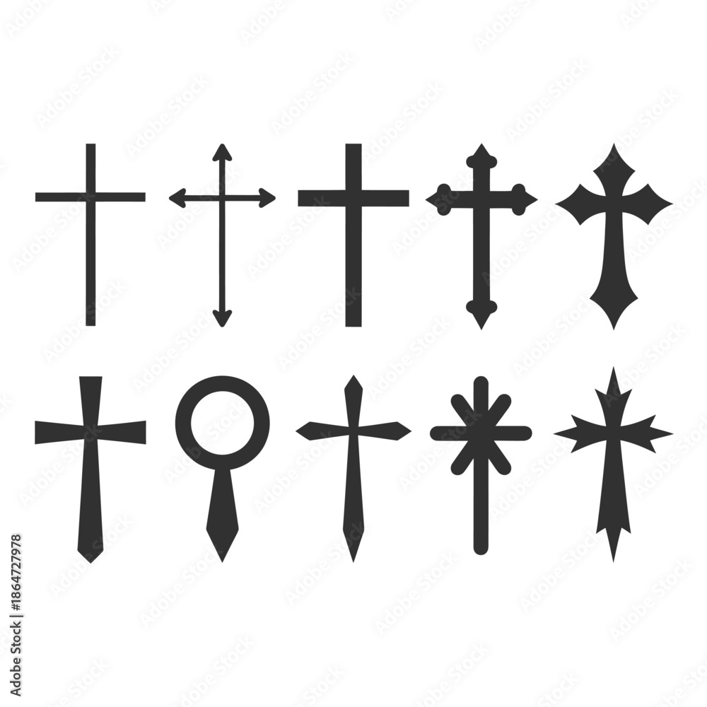 Fototapeta premium Variety of medieval style crosses and christian symbols in black