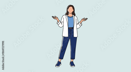 Professional woman wearing a white blazer and blue pants standing with both hands gesturing outwards in an explanatory pose.
