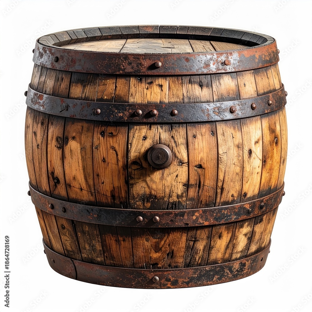 Fototapeta premium Rustic, wooden barrel with metal bands and studs, aged look