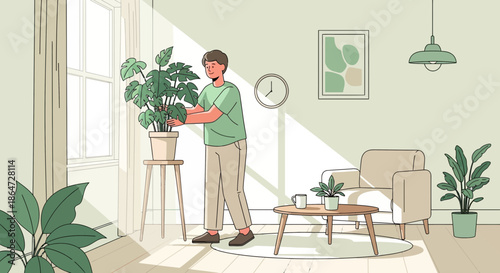 Man caring for houseplants in a sunlit living room, interior decor, lifestyle