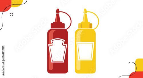 Red ketchup and yellow mustard squeeze bottles standing side by side in a clean graphic illustration with abstract corner elements.