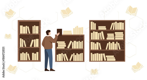 Man Choosing Book From Library Shelves, Knowledge Concept, Education Illustration