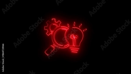 Red Neon Light Bulb Idea Magnifying Glass Gear Innovation Concept