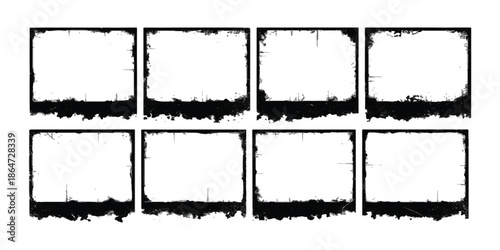 Set of eight distressed black and white film frame borders for vintage photo effects