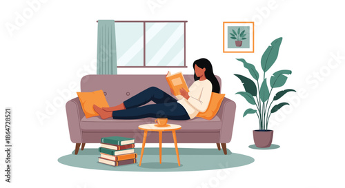 Black woman relaxing on a lavender sofa while reading a large orange book in a cozy living room setting with plants and books.