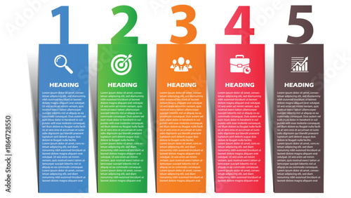 5-Step Business Infographic Template. Professional Vertical Banners with Bold Numbered Headers, Strategic Icons, and Placeholder Text. Vector Illustration for Sequential Project Milestones
