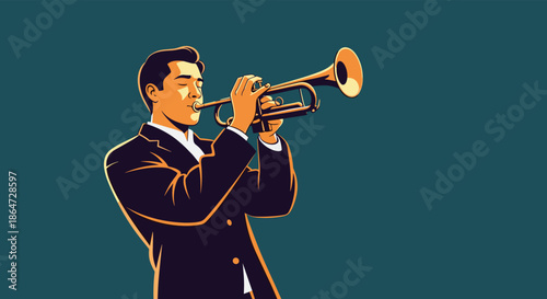Man in a dark suit playing a golden trumpet with his eyes closed in a soulful musical performance against a dark background.