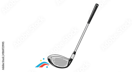 Close up of a modern golf club head with its handle angled upwards and colorful motion streaks at its base on white ground.
