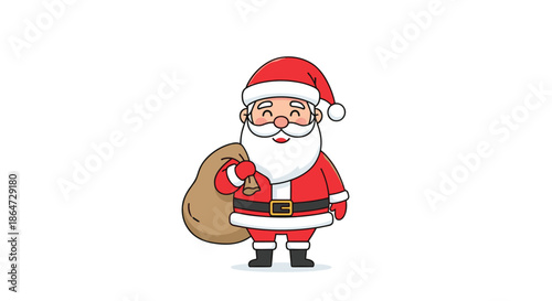 Traditional Santa Claus character in a red suit and hat holding a large brown gift sack over his shoulder with a smile.