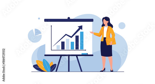 Professional woman in a yellow jacket presenting a financial growth chart on an easel board in a modern office environment.