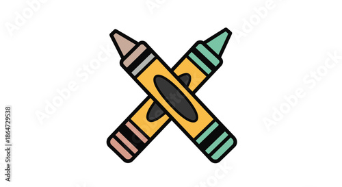 Two thick crayons in yellow and green colors crossed over each other with black tips and bands in a simple line art style.