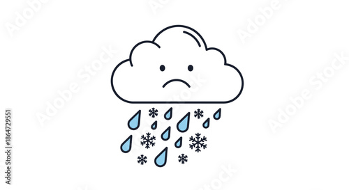 Sad cartoon cloud with a frowny face raining blue droplets and white snowflakes against a plain white background.