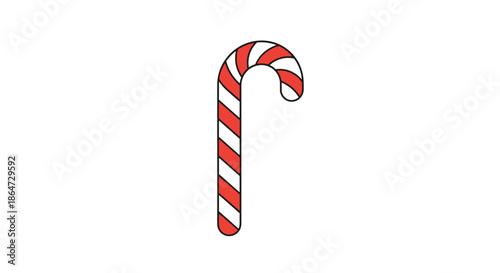 Single red and white striped peppermint candy cane standing vertically against a solid white background for holiday design.
