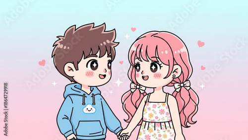 A cute cartoon illustration of a smiling couple holding hands with hearts around them