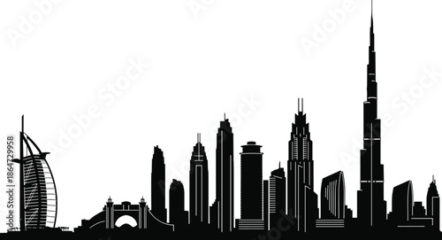Dubai skyline silhouette with Burj Khalifa Burj Al Arab iconic skyscrapers modern cityscape landmark vector illustration isolated black white