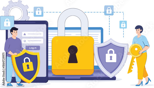 Data Security Illustration: Showcasing digital security with shield, lock, and key, embodies the essence of safeguarding sensitive information in the digital world.