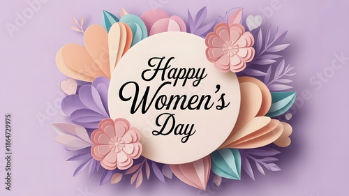 Happy Women’s Day Floral Paper Cut Design with Pastel Flowers and Elegant Typography