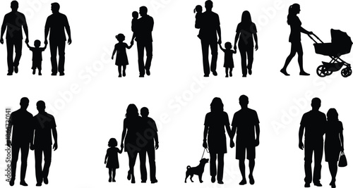 Family silhouette set showing parents, children, couples, walking figures, stroller, dog, and everyday people lifestyle icons vector illustration isolated black white