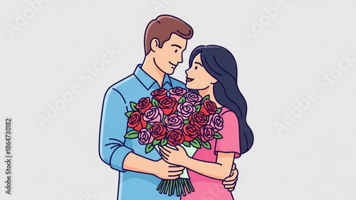 A romantic couple embracing and exchanging flowers on a special occasion with love and affection