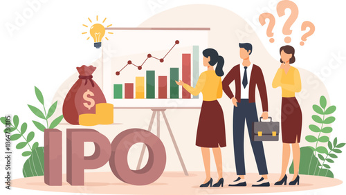 IPO Analysis: A business team engages in a detailed analysis of financial market data, surrounded by financial symbols of wealth, a lightbulb representing idea and innovation.