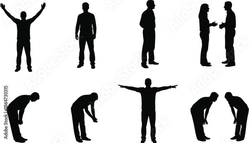 Human body silhouette poses set showing standing talking bending stretching gestures male figures action positions isolated black white illustration