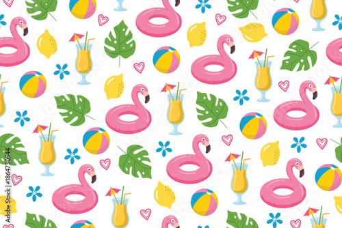Seamless summer pattern with flamingo floats, tropical leaves, cocktails and beach balls on white background. Bright illustration ideal for textiles, wallpapers and vacation designs!