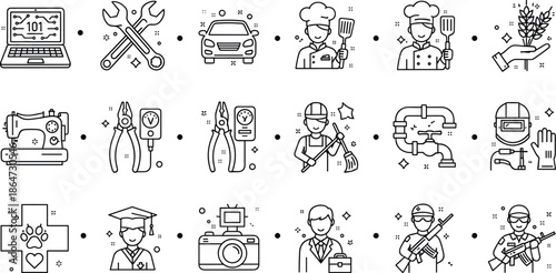 Professional occupation line icon set featuring jobs careers tools technology healthcare education repair security and business services vector illustration