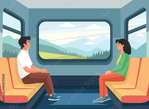 Passengers sitting in train carriage facing each other with scenic mountains outside the window. Flat illustration of travel, commute and calm journey, transport interior and lifestyle.