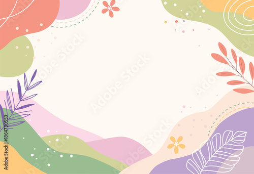 Soft pastel abstract background with botanical leaves, organic shapes and copy space. Minimal floral illustration ideal for invitations, branding, posters, social media and modern decor.