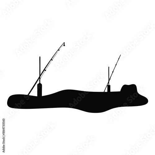 Monochrome Illustration of a Silhouette Boat with Fishing Rods on White